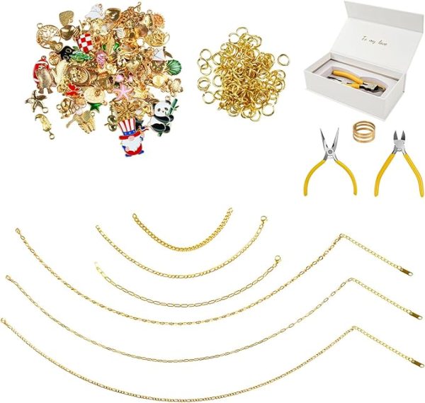 Zesirmay 18K Jewelry Making Supplies Kit DIY Necklace, Bracelet, Ring Set Charm Bracelet Making Kit with 100 Charms, 100 Jump Rings and Tools for Women Beginner Arts and Craft Gift Fun Activity