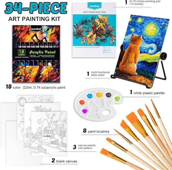 koseibal Acrylic Paint Set for Kids, Art Painting Supplies Kit with 18 Paints, 5 Canvas Panels, 8 Brushes, Table Easel, Etc, Premium Paint Set for Students, Artists and Beginner. - Image 4