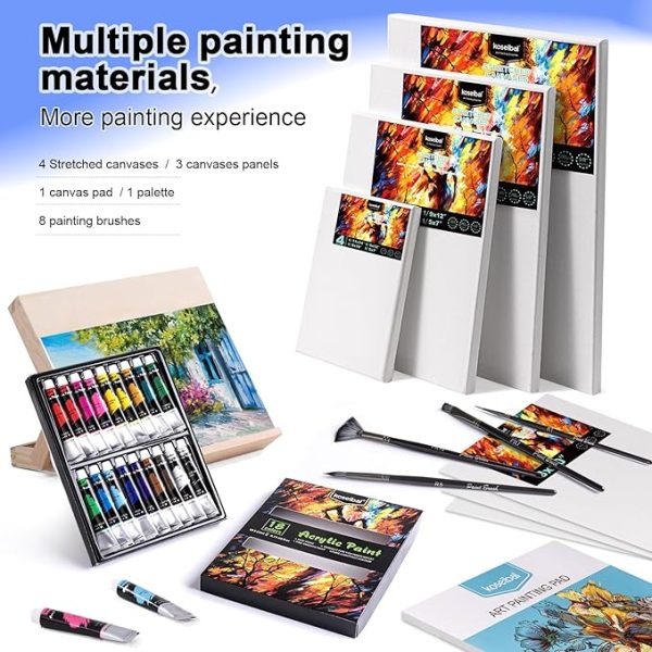 koseibal Acrylic Art Set with 18 Acrylic Paints, 8 Brushes, 4 Stretched Canvas, 1Wooden Easel, Etc, Premium Painting Supplies Kit for Students, Artists Kids, Adults, and Beginner. - Image 2