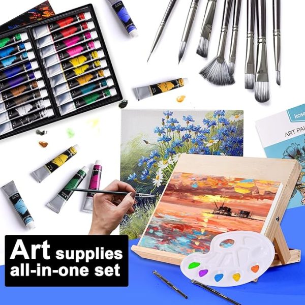 koseibal Acrylic Art Set with 18 Acrylic Paints, 8 Brushes, 4 Stretched Canvas, 1Wooden Easel, Etc, Premium Painting Supplies Kit for Students, Artists Kids, Adults, and Beginner. - Image 4