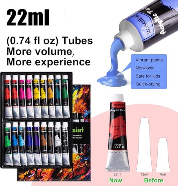 koseibal Acrylic Art Set with 18 Acrylic Paints, 8 Brushes, 4 Stretched Canvas, 1Wooden Easel, Etc, Premium Painting Supplies Kit for Students, Artists Kids, Adults, and Beginner. - Image 3